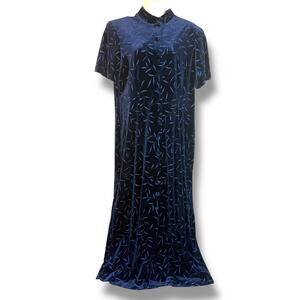 Another Thyme Blue Velvet Maxi Dress Glitter Leaf Pattern Vintage 18 Large 8 -10